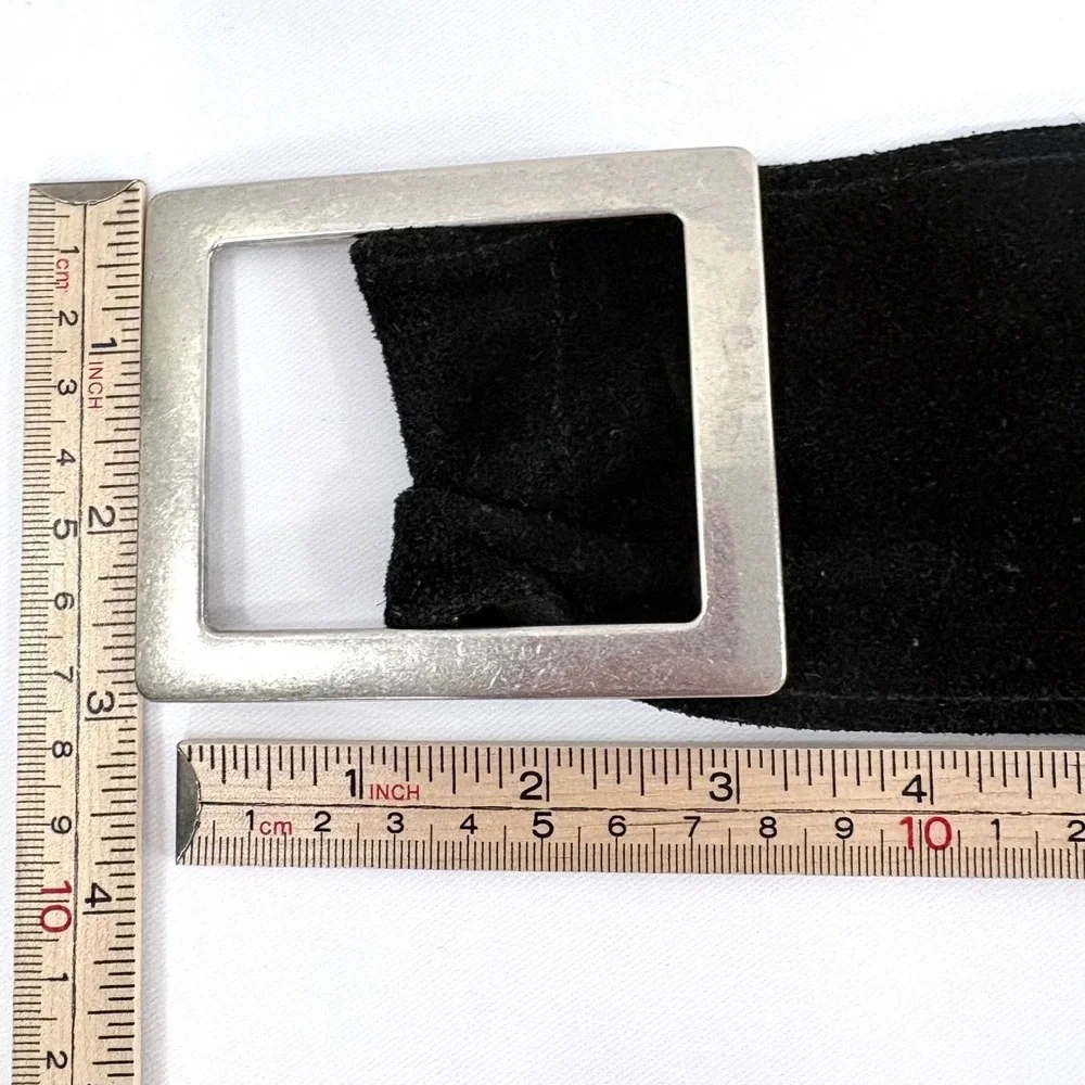 Suede‎ Wide Waist Belt Black Silver Studded Rectangular Buckle Boho Glam Y2K